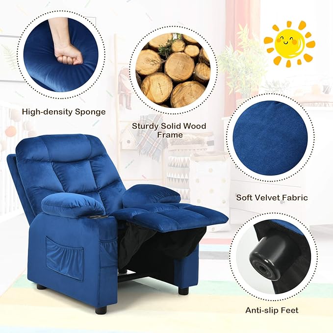 Costzon Kids Recliner Chair with Cup Holder, Adjustable Velvet Lounge Chair w/Footrest & Side Pockets for Children Boys Girls Room, Ergonomic Toddler Furniture Sofa Gifts, Kids Recliner (Blue)
