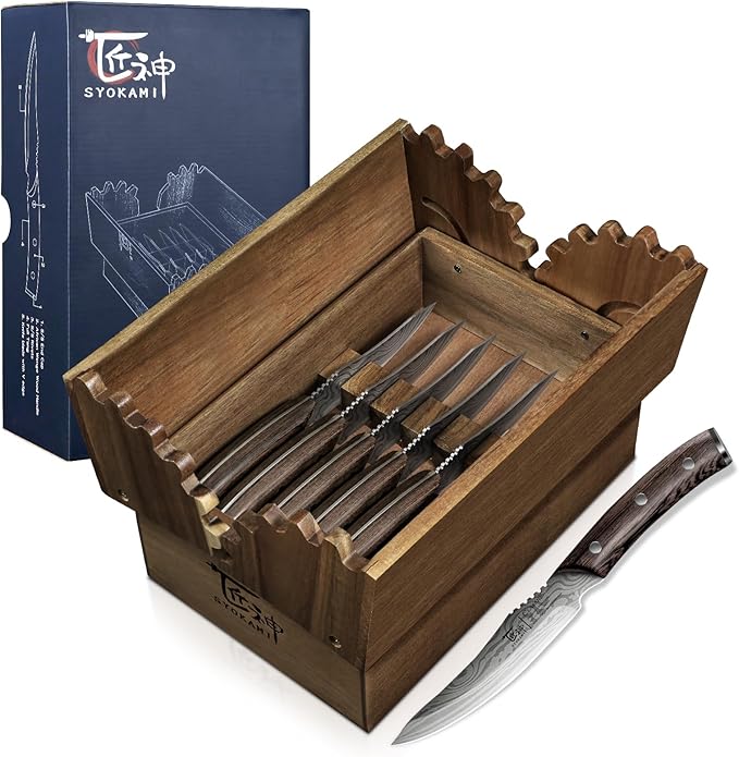 Steak Knives Set of 6 with Drawer Organizer, 4.8 Inch High Carbon Japanese Style Non Serrated Meat Knife with Wood Handle, Damascus Pattern Full Tang Design, Razor Sharp Dinner Knives