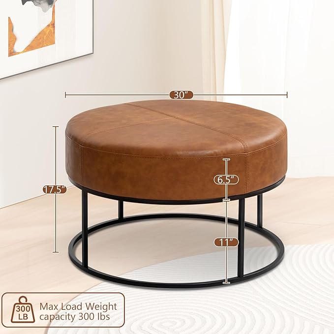 Modern Round Coffee Table, Farmhouse Ottoman for Living Room, Large Vintage Leather Coffee Tables with Leather Upholstered Padded Seat [Round, Vintage Brown, 30'']