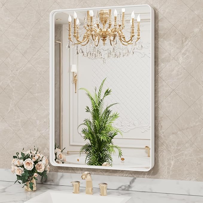 LOAAO 24x36 Inch White Metal Framed Bathroom Mirror for Wall, White Bathroom Vanity Mirror Farmhouse, Large Rounded Rectangle Mirror, Anti-Rust, Hangs Horizontally or Vertically