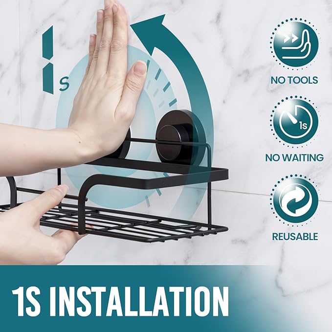 TAILI Shower Caddy Suction Cup 2 Pack, Heavy Duty Bathroom Basket, Bath Shelves for Inside, Stainless Steel Shower Holder Organizer for Bathroom Storage & Home Decor, No Drilling,Black