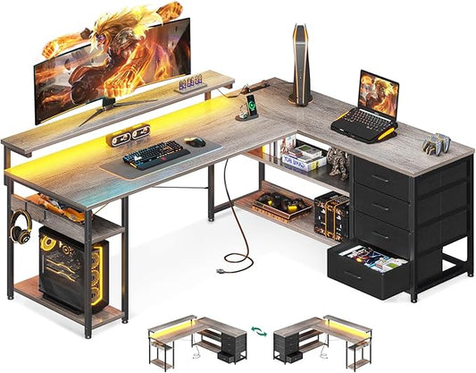 AODK 61" L Shaped Desk with Drawer, Computer Desk with Power Outlets & LED Lights, Reversible Corner Gaming Desks for Home Office Workstation, Office Table with Monitor Shelf, Gray