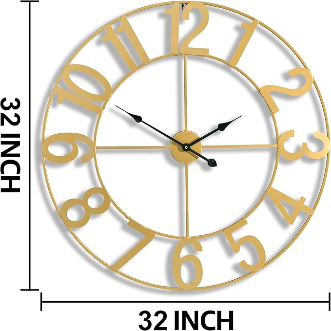 Sorbus 32-Inch Large Wall Clock – Decorative Gold Metal Clock with Black Hands – Silent, Battery Operated, Modern Wall Decor for Living Room, Kitchen, or Office – Great Gift for Housewarming or Office