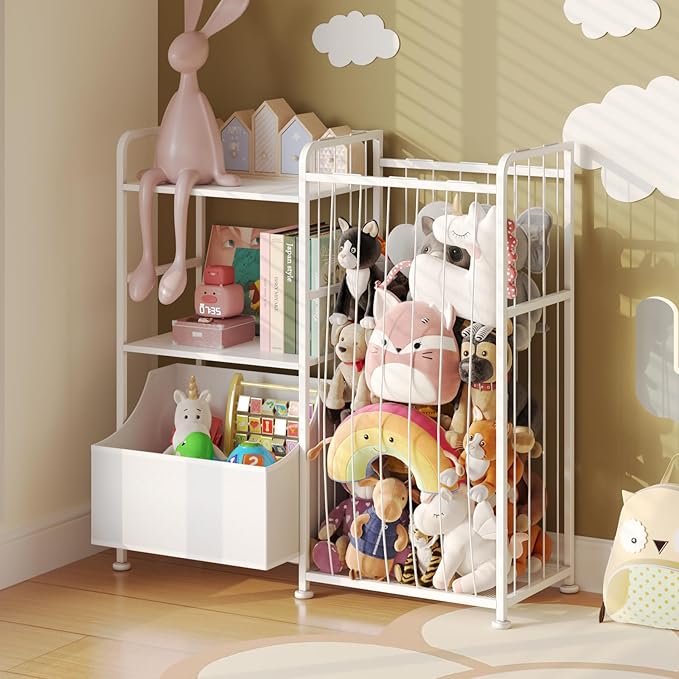 BBLIKE Stuffed Animal Storage - Stuffed Animal Net with Kids Bookshelf and Toy Organizer, 2-Tier White Bookshelf with Stuffed Animal Holder and Fabric Toy Chest for Kids Room, Playroom, Nursery, White