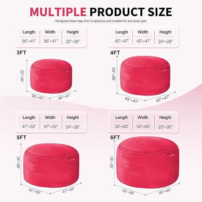 Homguava 3FT Bean Bag Chair: 3' Bean Bags with Memory Foam Filled, Large Beanbag Chairs Soft Sofa with Dutch Velvet Cover-Pink