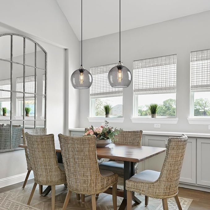 Light Grey Glass Pendant Lights Kitchen Island Lighting Globe Pendant Light Fixtures Modern Pendant Lighting for Bedroom Living Dining Room Light Fixture (7.87 in, 1 Pack)