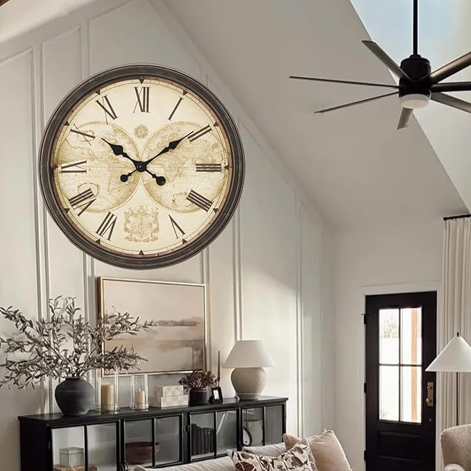 20 Inch Retro Farmhouse Wall Clock, Vintage Silent Non-Ticking, Battery Operated Decorative Clock for Living Room, Kitchen, Bedroom, Office and Home Decor,Brown Roman Number