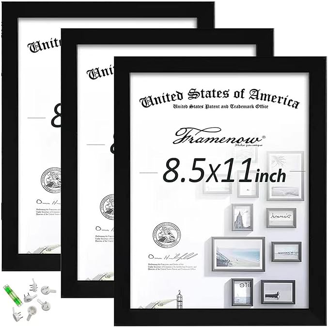 8.5x11 Picture Frames Set of 3, Shatter-Resistant Glass Display Certificate or Pictures 8.5 by 11,To Wall and Tabletop Mounting, black.