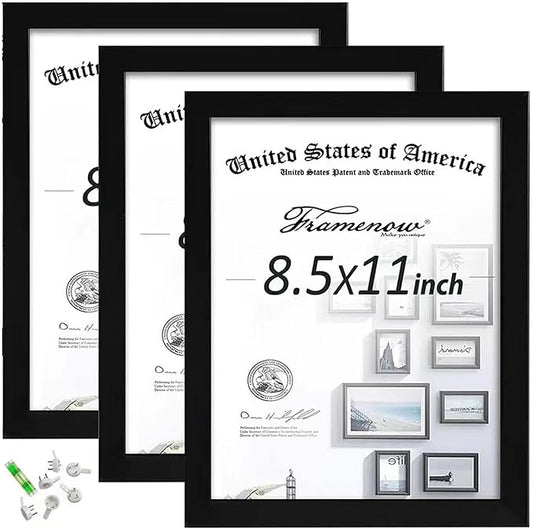 8.5x11 Picture Frames Set of 3, Shatter-Resistant Glass Display Certificate or Pictures 8.5 by 11,To Wall and Tabletop Mounting, black.