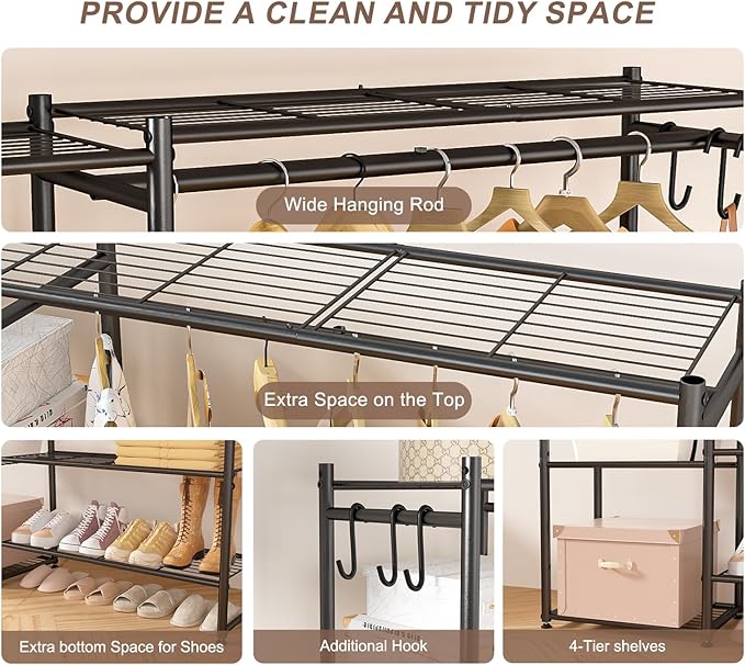 Wardrobe Closet, Portable Clothing Rack for Hanging Clothes, Free Standing Closet Organizers and Storage System with 4 Tiers Shelves for Cloakroom Bedroom, Black