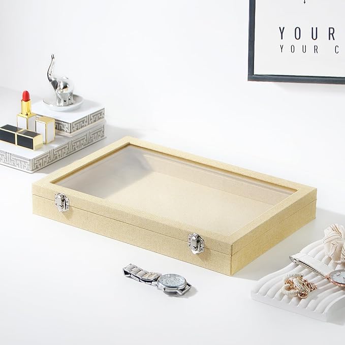 Coward Jewelry Organizer Box, Yellow Linen Blank Display Tray Case with Lid for Storage Necklaces Bracelets Rings Beads and Jewelry Accessories