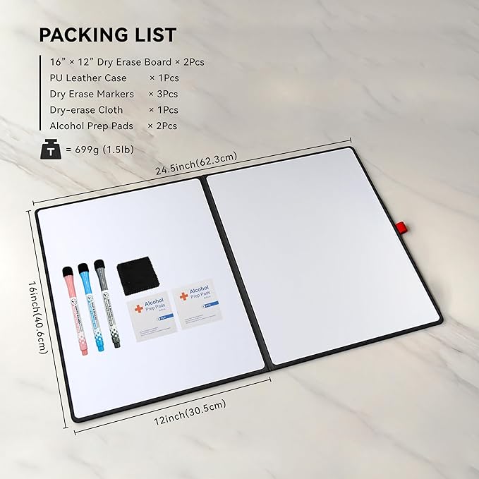 Double-Sided White Board 16×12inch - Expands to 24“×16” Dry Erase Board with 3 Markers & Anti-Ghosting Surface | Magnetic-Ready | Ultra-Thin for Office,School,Travel,Home(16"×12"-Black)