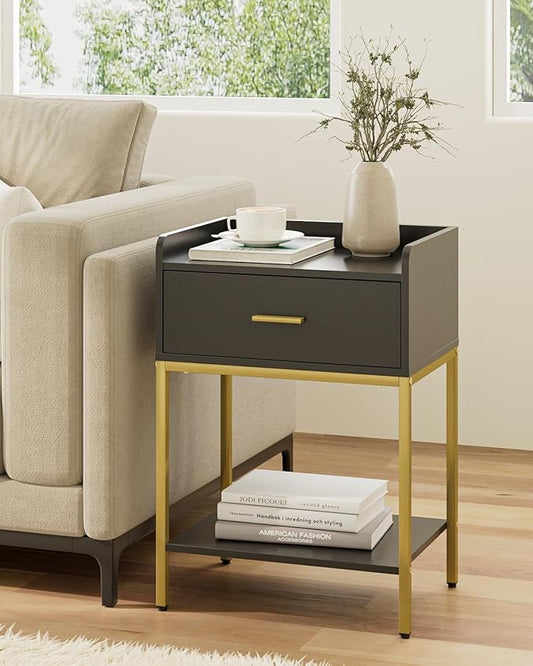 Nightstand,3-Tier Modern Night Stand,Bedside Table with Storage Drawer and Shelf,Small Side Table for Bedroom,Living Room,Black