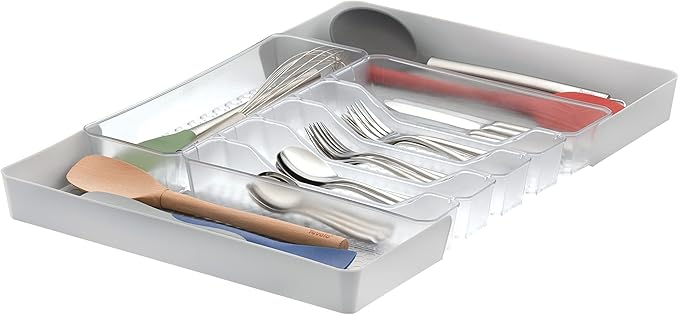 Spectrum Diversified Hexa Expandable Divided Drawer Organizer Tray Modern Kitchen Cutlery, Utensil, Silverware Holder, Cabinet Storage, 13 x 16, Clear Frost/Stone Gray