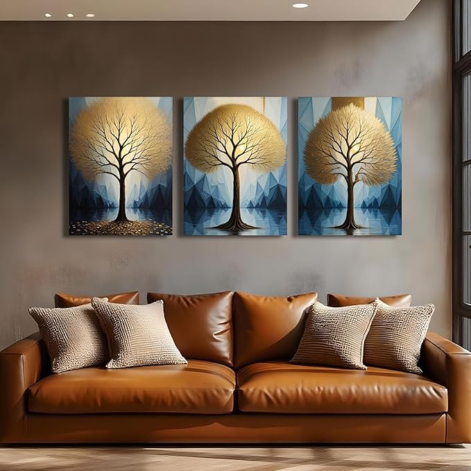 Arjun Tree Wall Art Gold Heart Shape Landscape Tree of Life Painting Teal Geometric Mountain Framed for Bathroom Living Room Bedroom Dinning Room Kitchen Home Office Wall Decor, 12"x16"x3 Panels