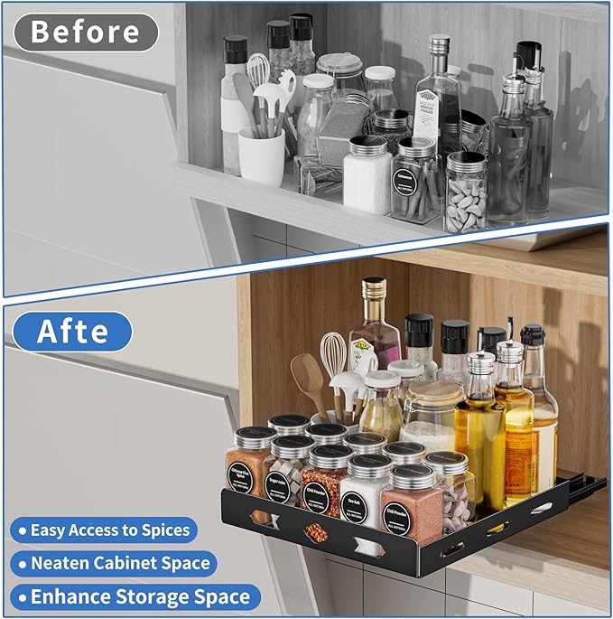 Pull Out Spice Rack Organizer for Cabinet, Heavy Duty Spice Organizer, Vertical Spice Rack Organizer for Kitchen, Cabinet, Pantry (10.5''Wx10.5''Dx2.8''H, Metal Black)