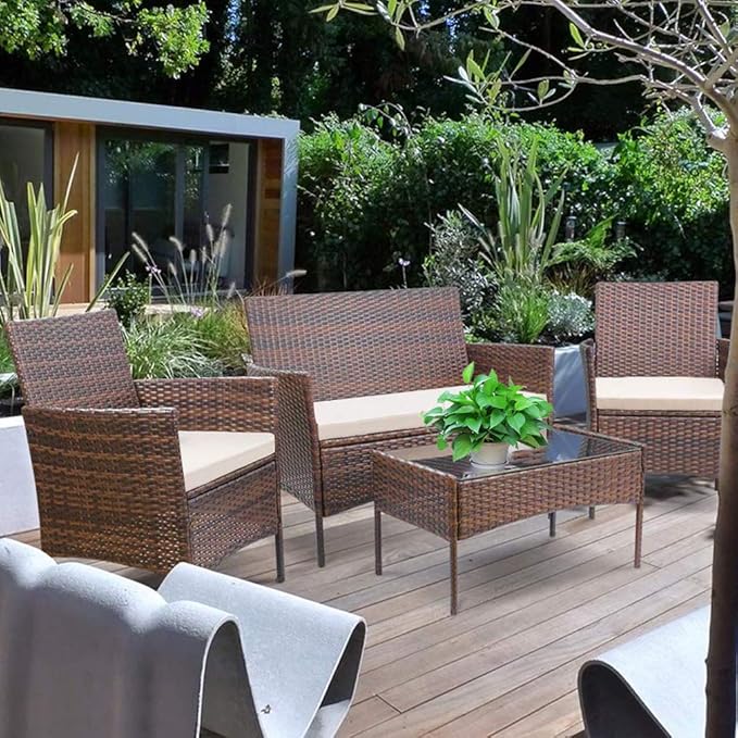 FDW Rattan Furniture Brown Wicker Chair Patio Bristo Set for Outdoor Indoor Use with Loveseats Coffee Table,Khaki Cushion, 4-Pieces