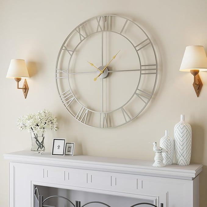 36 Inch Extra Large Wall Clock, Modern Silver Decorative Metal Wall Clocks for Living Room, Completely Silent Non Ticking Battery-Operated Roman Numeral Analog Round Clock