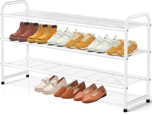 KEETDY 3-Tier Long Shoe Rack for Closet Metal Shoe Organizer for Entryway, Wide Stackable Shoe Storage Shelf with Sturdy Wire Grid for Closet Floor, Bedroom, White