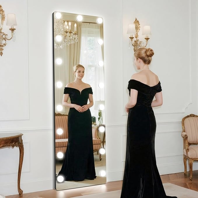 56x18 Hollywood Full Length Mirror with Light, 17 Dimmable Bulbs & 3 Color Smart Touch Control, Distortion Free, Tempered Glass & Shatter Proof Film, Safe Full Body Mirrors with Stand