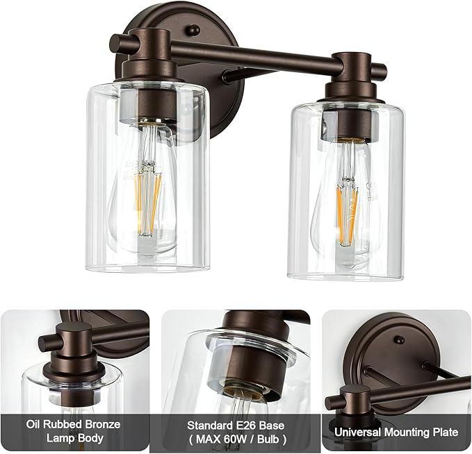 Bathroom Light Fixtures Wall Sconce Light with Clear Glass Oil Rubbed Bronze 2 Lights Bathroom Lighting Over Mirror Vanity Lights for Living Room,Bedroom,Restroom,Hallway E26 Base
