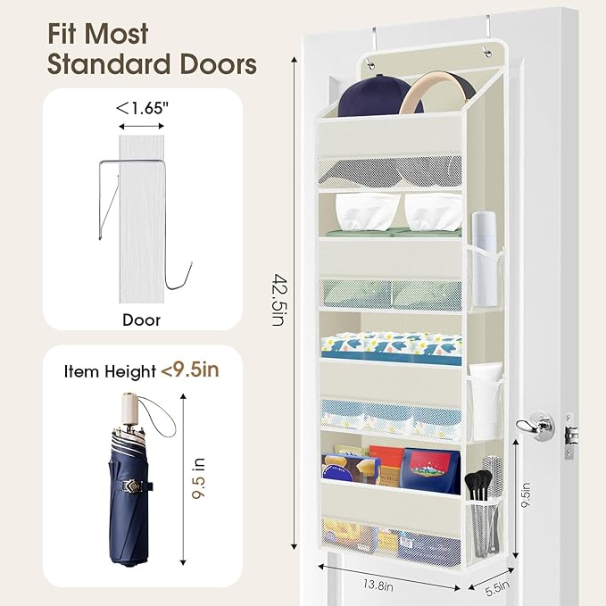 1 Pack Over The Door Organizer, Hanging Storage Organizer with Clear Window, 40lb Ultra Sturdy Large Capacity Room Organizer for Pantry Bathroom Nursery Closet Baby Essential (Beige)