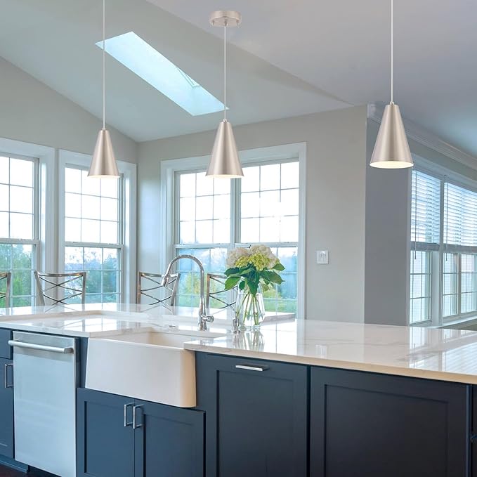 Brushed Nickel Pendant Lights Kitchen Island,Dining Room Light Fixtures Over Table 3 Pack with Silver Cone Metal Shade, Modern Farmhouse Small Chandeliers,Adjustable Cord Hanging Lighting for Sink