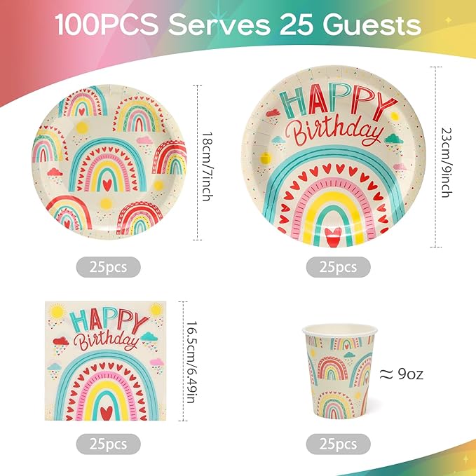 100pcs Birthday Party Disposable Tableware Set Colored Semicircles Pattern for 25 Guest Party Supplies（Include plates，cups and napkins）