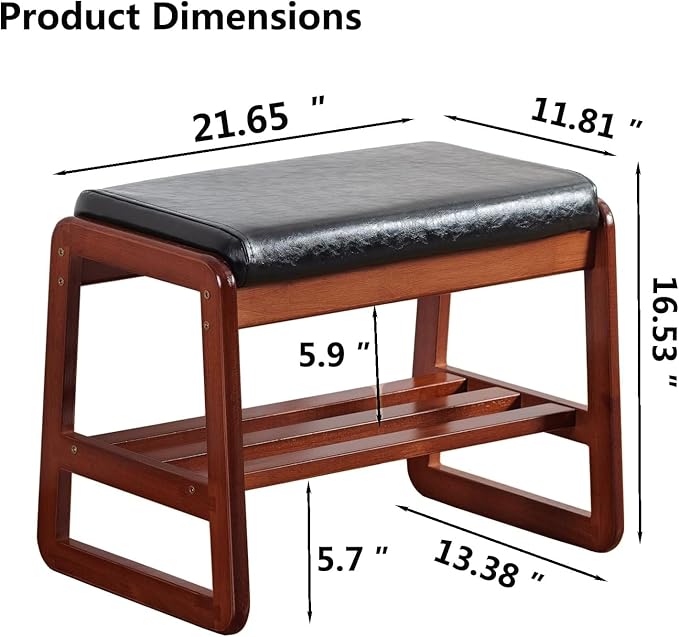 Solid Wood Shoe Bench, 2-Tier Wooden Entryway Bench, Modern Shoe Rack with Faux Leather Cushion for Hallway, Living Room (Black, 21.65'')