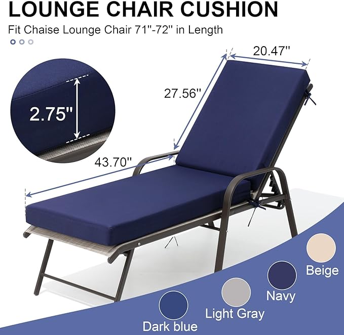 Crestlive Products Chaise Lounge Cushion Outdoor, 72x21 Inch, Waterproof & 3-Year Fade Resistant Lounge Chair Cushion for Outdoor Furniture, Patio Cushion for Pool, Lawn, Deck, Navy