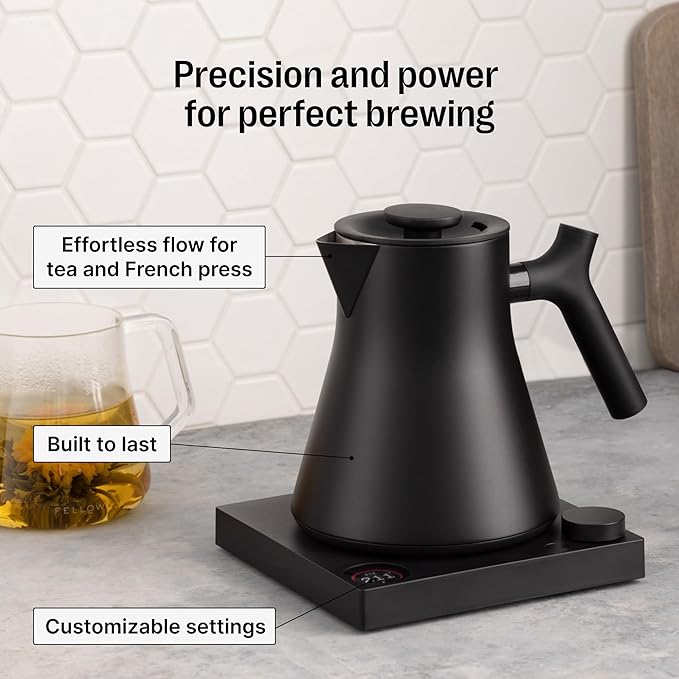 Fellow Corvo EKG Pro Electric Tea Kettle - Quick Heating, Precise Temperature Control Electric Kettle, Scheduling, Built-in Brew Timer for Boiling Water - Matte Black with Walnut Handle - 0.9 Liter