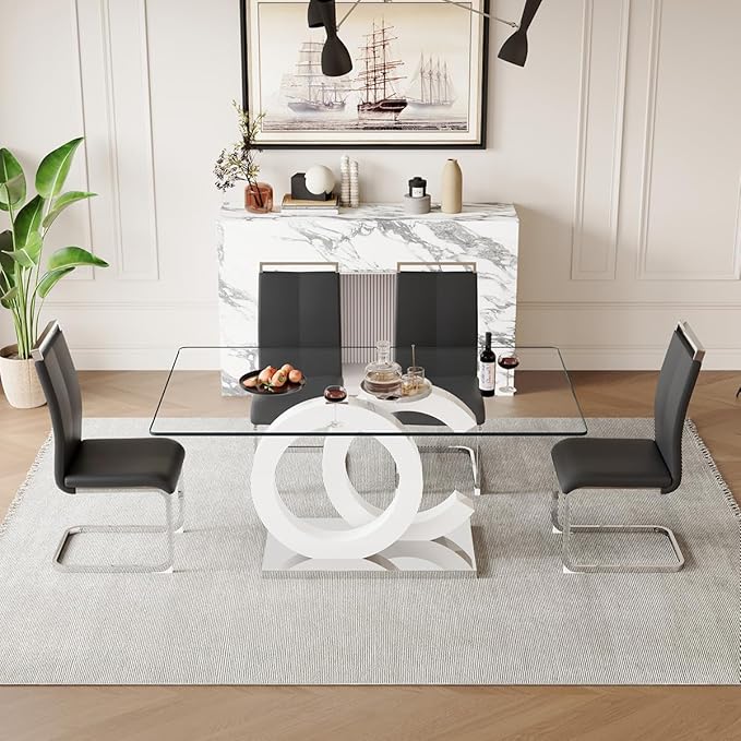 63'' Glass Dining Table Set for 4, Kitchen Table Chairs Set of 4, Clear Glass Dining Table with White unique design Leg and Silver Metal Base, 4 PU Dining Chairs with Metal Legs, Living Room, Kitchen.