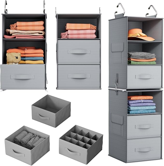 Pipishell 6-Shelf Hanging Closet Organizer, Hanging Shelves with 2 Separable 3-Tier Shelves, Closet Shelves Organizer with 3 Removable Drawers for Wardrobe, Nursery, Baby Clothes Organizer, Gray