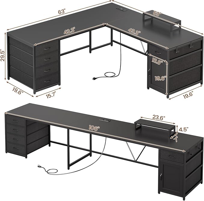 Sedeta SEDETA L Shaped Desk, 63'' Computer Desk with 5 Drawer & Power Outlet,Long Home Office Desk or Corner Desk, L Shaped Corner Desk with Monitor Shelf, Storage Cabinet, Black