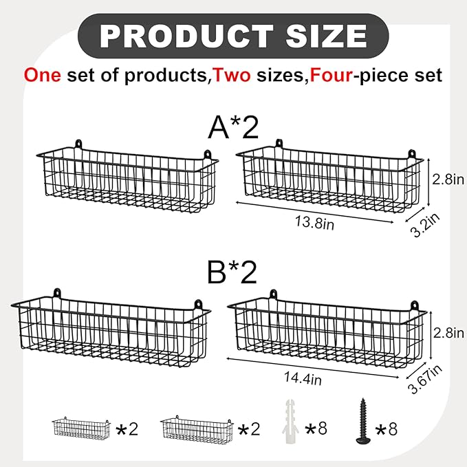 Spice Rack Organizer Wall Mount, 4 Pack Black Seasoning Rack Wire Storage Baskets for Wall or Cabinet Door in Kitchen and RV