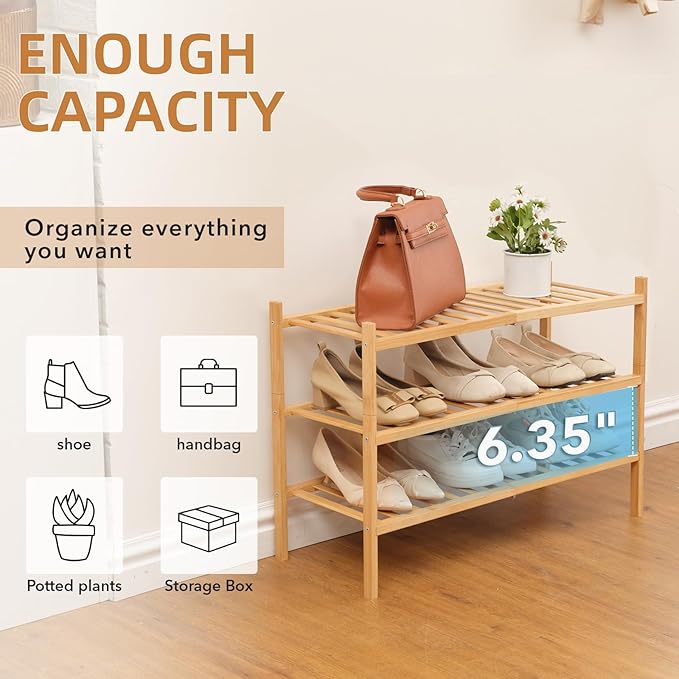 3 Tier Bamboo Shoe Rack Storage Organizer for Closet, Multifunctional Stackable Free Standing Shoe Shelf Organizer for Small Space,Entryway,Hallway,Bathroom 27"x11"x20" (Natural, 3 Tier)