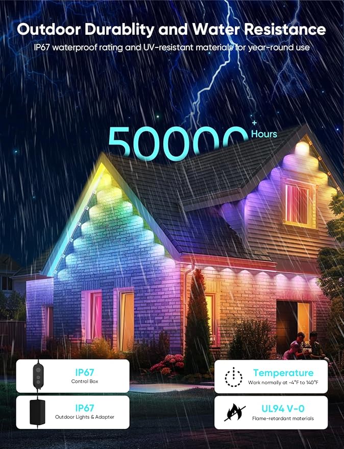 APPECK Permanent Outdoor Lights Pro 200ft, 144W RGBCW Eaves Lights with 144 LED Lights, 80lm, Cuttable, 111 Scene Modes, IP67 Waterproof Lighting for Christmas Decoration, Work with Alexa, Black