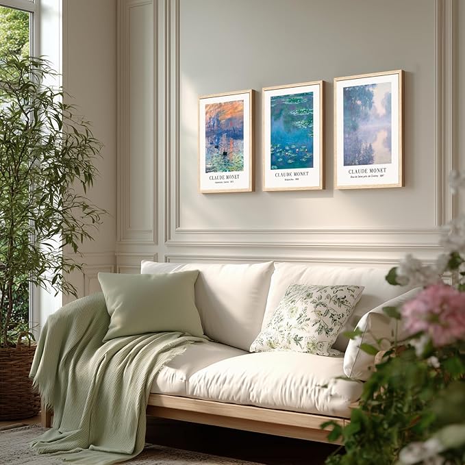 Cyebmo Vintage Botanical Wall Art Set of 3, Claude Monet Water Lilies Art Prints, Impression Sunrise Water Lilies Seine River Poster Prints for Living Room Bedroom Bathroom Wood Framed 12"x16"x3