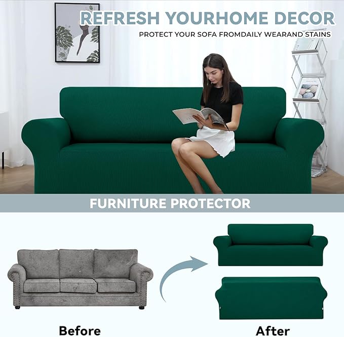 LURKA Stretch Sofa Slipcovers 1 Piece Couch Covers for 3 Cushion Couch Sofa Furniture Protector Full Sofa Covers with Elastic Bottom for Kids and Dog (Dark Green, Large)