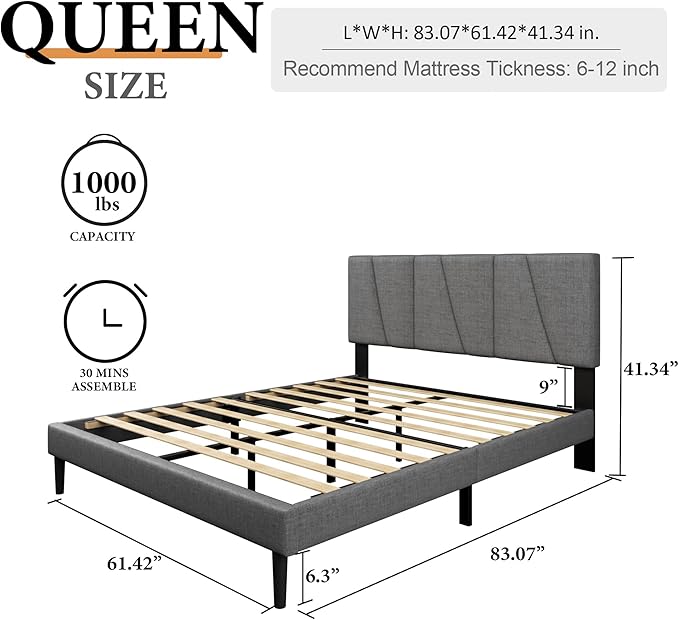 Queen Size Platform Bed Frame with Modern Upholstered Headboard, Wooden Slats Support, Noise Free, No Box Spring Needed, Easy Assembly, Dark Grey, Linen