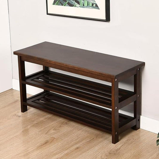 CONSDAN Wood Shoe Bench Rack, USA Grown Hickory, Entryway Bench with Shoe Storage, Mud Room Bathroom, Front Door, Outdoor/Indoor, Dark Walnut(Black)