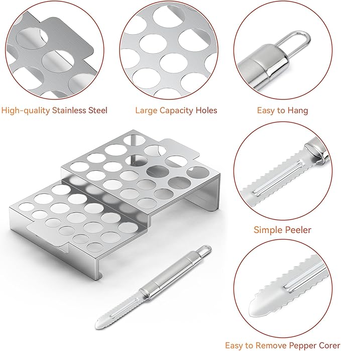 Skyflame Jalapeno Grill Rack with Corer Tool, 34 Hole Stainless Steel Chili Pepper Holder with Upgrade Design in 2 Heights and 3 Hole Sizes for Grilling Jalapeño Peppers, Chicken Wings, Drumsticks