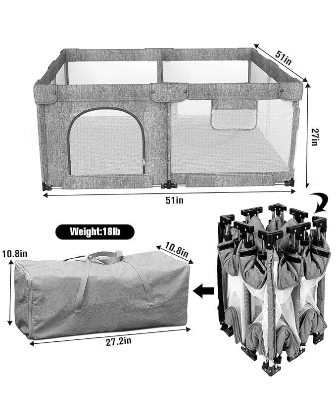 Foldable Baby Playpen with Gate, Extra Large Collapsible Play Yard for Babies & Toddlers, Portable Travel Playpen, Baby Activity Center for Indoor & Outdoor Use (Grey 51"×51")