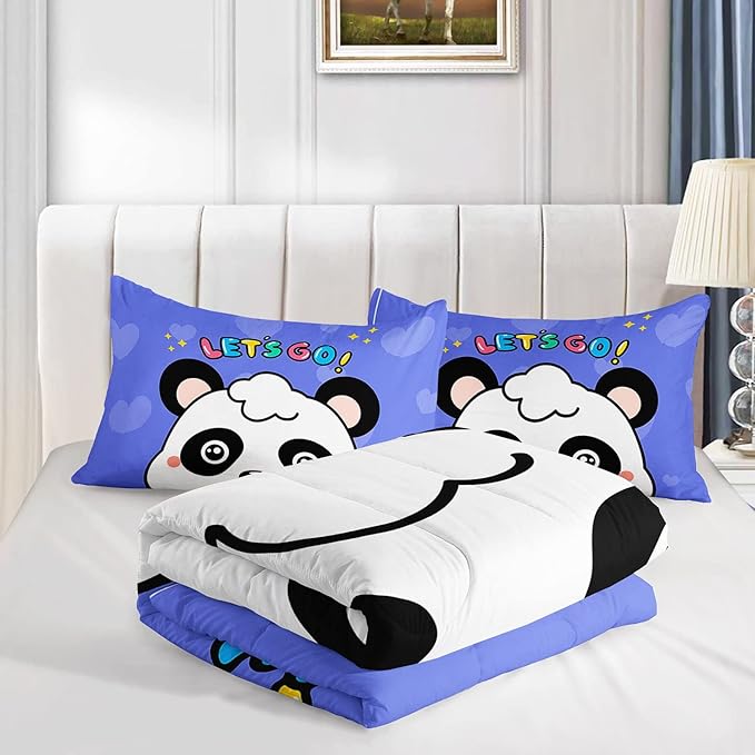 Panda Comforter Bedding Set for Boys Girls Kids Teens, Cartoon Blue Heart Kawaii Animal Theme With 1 Comforter and 2 Pillowcases (Full)