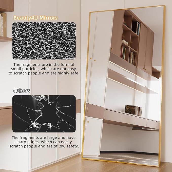 Beauty4U 76" x 37" Large Full Length Mirror with Stand, Gold Wall Mounting Full Body Tempered Mirror, Metal Frame Full-Length Mirror for Living Room, Bedroom