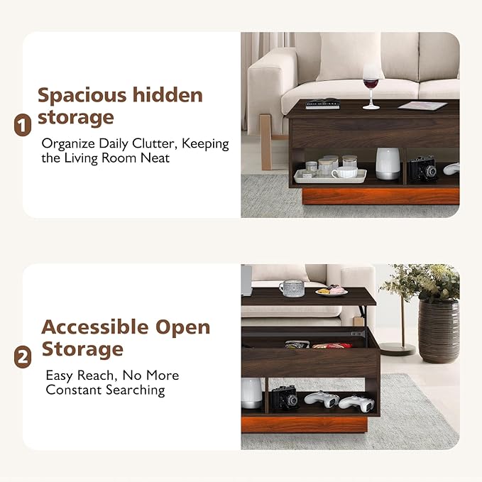 HOMMPA Lift Top Coffee Table with Storage for Living Room,Mid Century Modern LED Coffee Table, 3 Tiers Farmhouse Wood Center Tea Table with 2 Open Shelves，Walnut