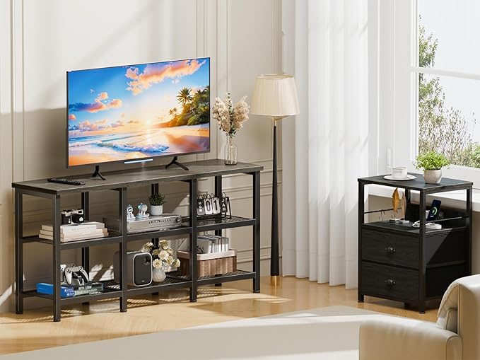 Furologee TV Stand, 43 Inch Entertainment Center with 3-Tier Storage Shelves, Industrial Media Console Table for TVs up to 50 Inch, Television Stands for Living Room, Bedroom, Light Black Oak