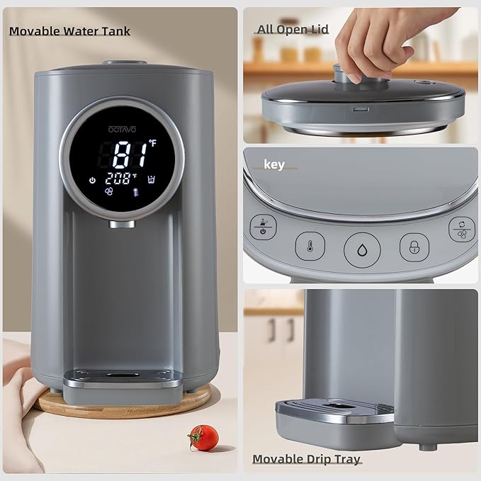 OCTAVO Water Boiler & Warmer 5 Liter, 304 Stainless Steel Water Tank, 700 Watt 6 Adjustable Water Temperature, LCD Touch Control Screen, Child Lock with Water Shortage Indicator