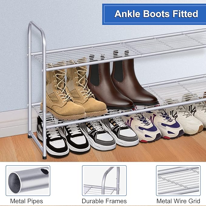 KEETDY 2-Tier Long Shoe Rack for Closet Shoe Organizer for Entryway, Metal Stackable Shoe Storage Shelf for 18 Pairs Sneakers with Strong Wire Grid, Gray