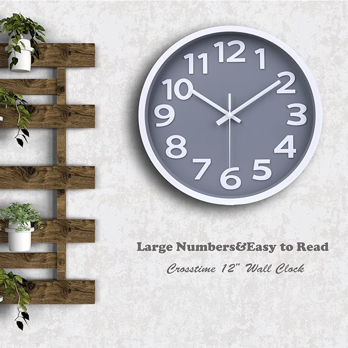 Wall Clock 12 Inch Silent Non-Ticking Battery Operated Clock Big Numbers Easy to Read Wall Clocks Decorative for Bathroom Office Kitchen Bedroom (Gray)